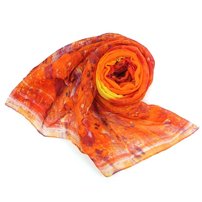 DZT1968® Autumn Winter Women Floral Printed Design Long Chiffon Shawl Scarf Pashmina (Orange)