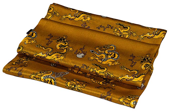 Yellow Brown Dragon Printed Double Layer Long Pure Silk Scarf