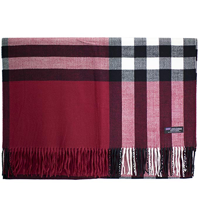 2PLY 100% Cashmere Blanket Oversized Scarf OS Tartan Check Scotland Wool Plaid (Red Black White)