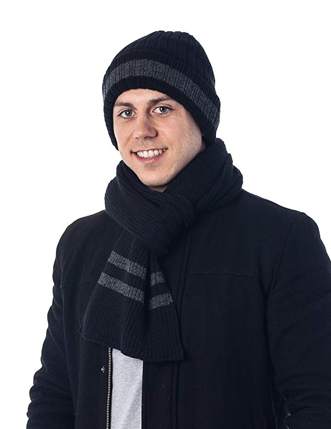 Men's Two-Toned 3M Fleece Thinsulate Ribbed Knit Scarf and Hat Set