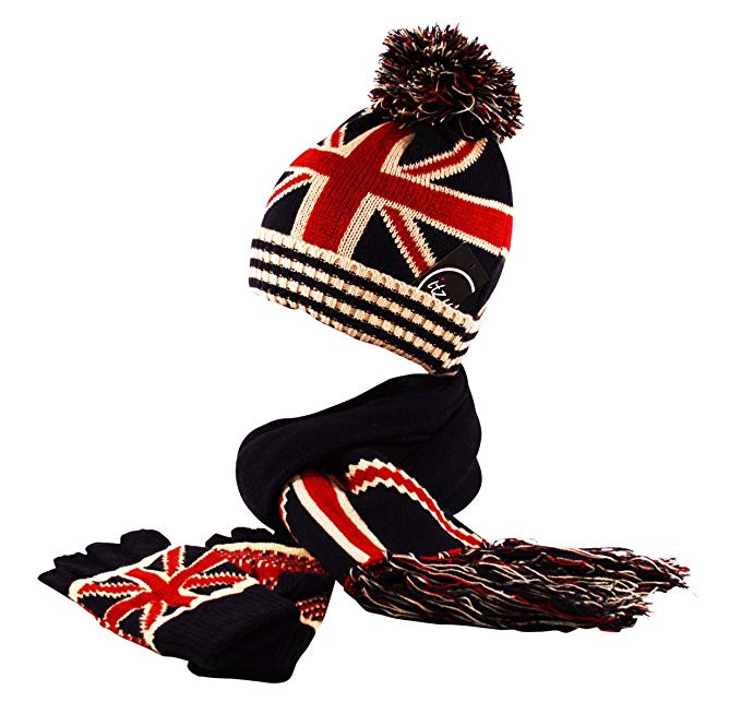Itzu Union Jack Knit Bobble Beanie Hat Fingerless Gloves Scarf Winter Navy Red Cream (2/3 Piece Set)