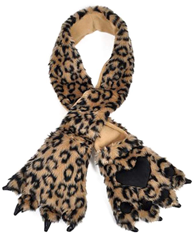Brown Leopard Animal Fur Scarf with Paw Mitten