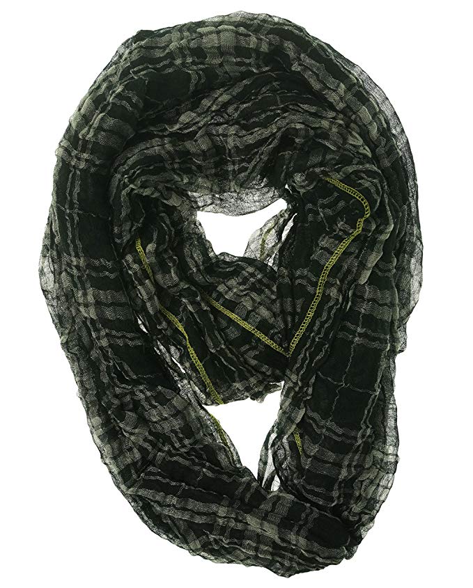 Echo Design Women's Crinkled Plaid Ring Scarf, Black/Chartreuse