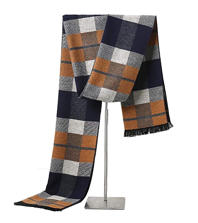 MuNiSa Men's Winter Scarf Plaid Stripes Long Cashmere Scarves with Tassel