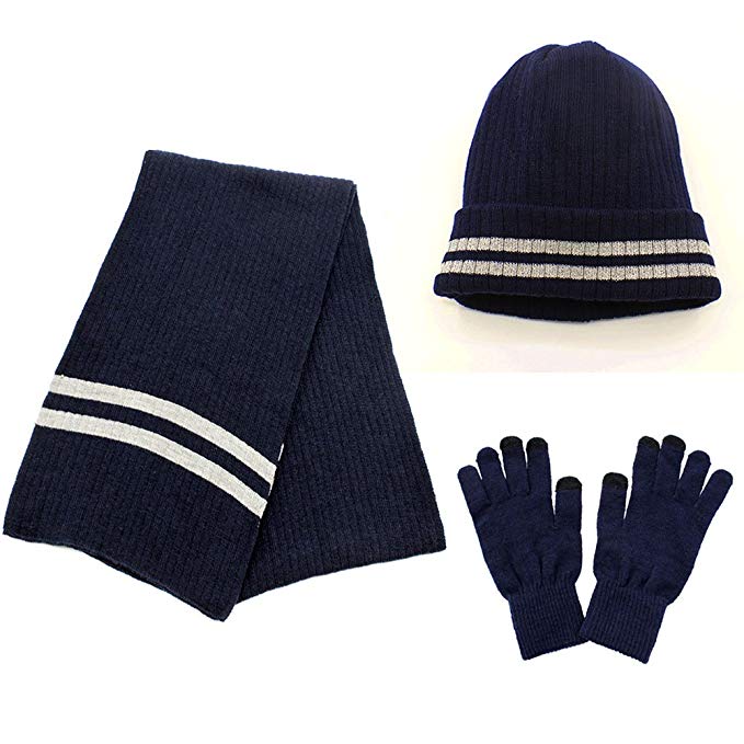 Warm Scarf Glove Hat Beanie Set - Cable Knit Winter Gift Set Pom Cap Touch Screen Glove Long Scarf 3 PCS Set for Women