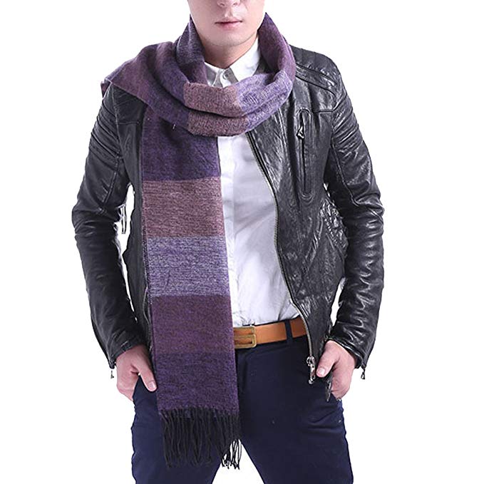 Aisa Fashion Scarf Neck Warmer Soft Cashmere Thicken Stripes Long Scarves with Tassels for Men