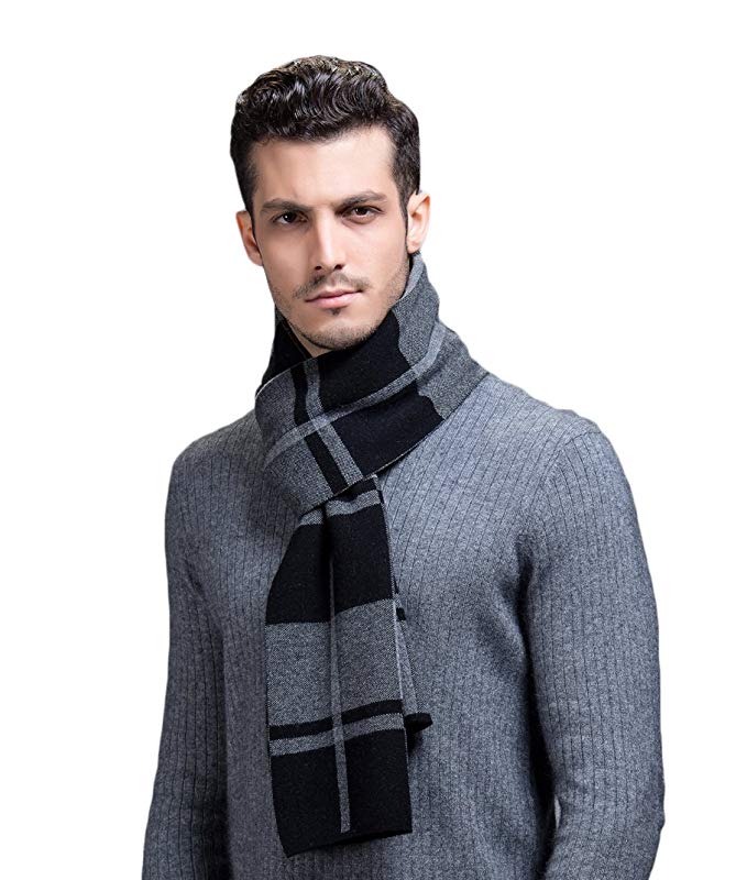 RIONA Men's 100% Australian Soft Merino Wool Knitted Plaid Warm Scarf with Gift Box