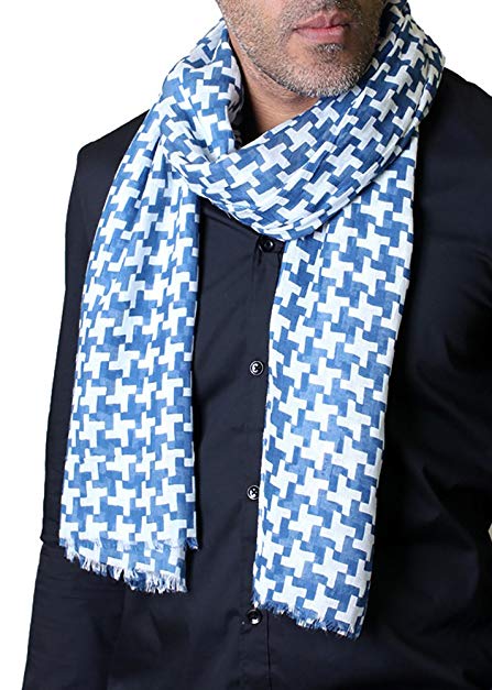 Anika Dali Men's Classic Blue and White Print Houndstooth Scarf, Lightweight, Soft