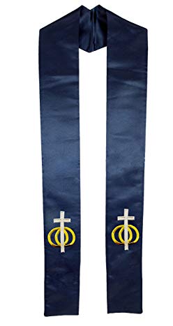 Deluxe Blue Satin Clergy Stole with Embroidered Wedding Rings Unity Cross